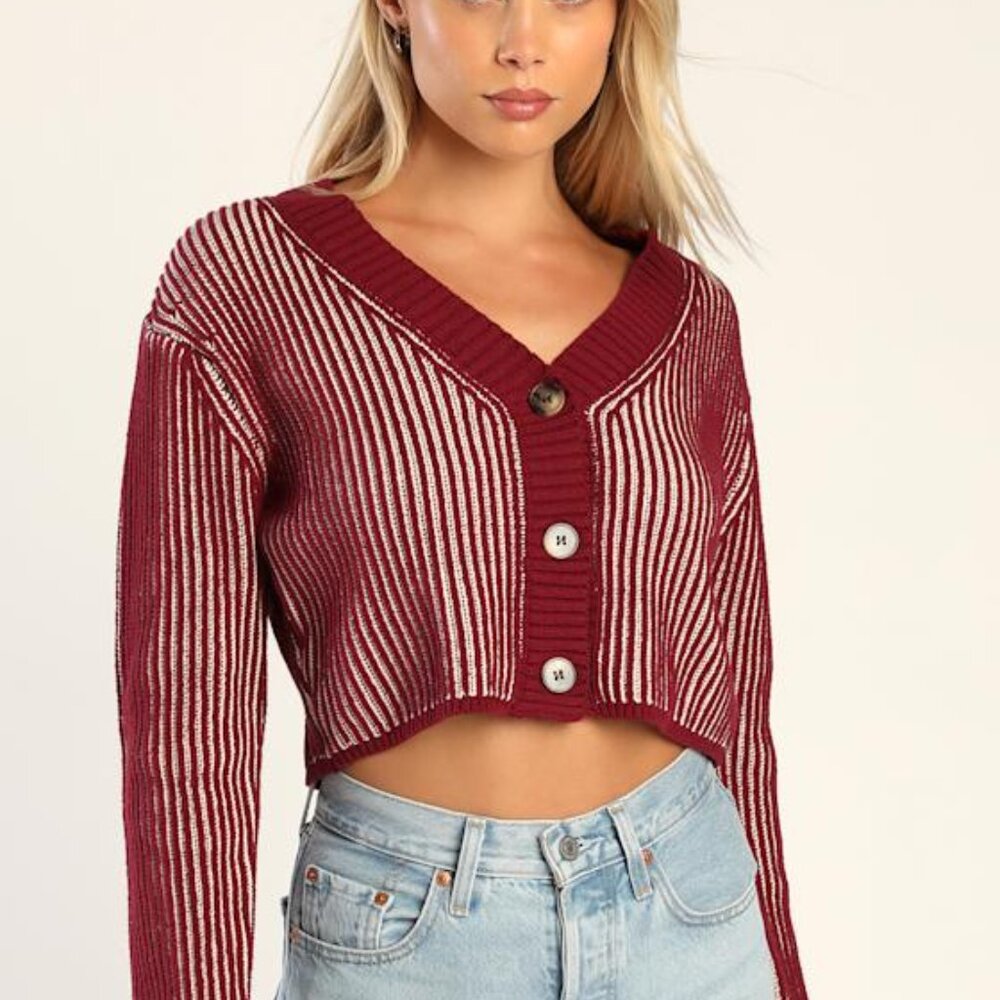 Lulus Get The Stripe Wine Red Striped Ribbed Cropped Cardigan - Size S